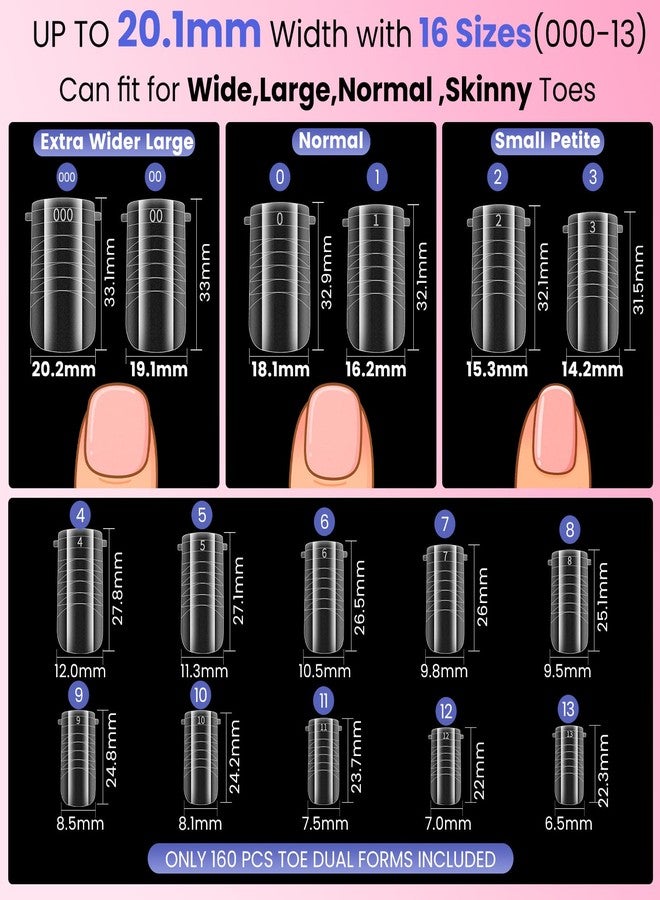 SINOKAME Wide Pre-etched Square Toe Dual Forms for Polygel,SINOKAME Poly Gel Toenail Forms Molds Extension Reusable,No File Needed,16 Sizes (000-13) with French Guidelines for Salon Home DIY,160Pcs - Image 4